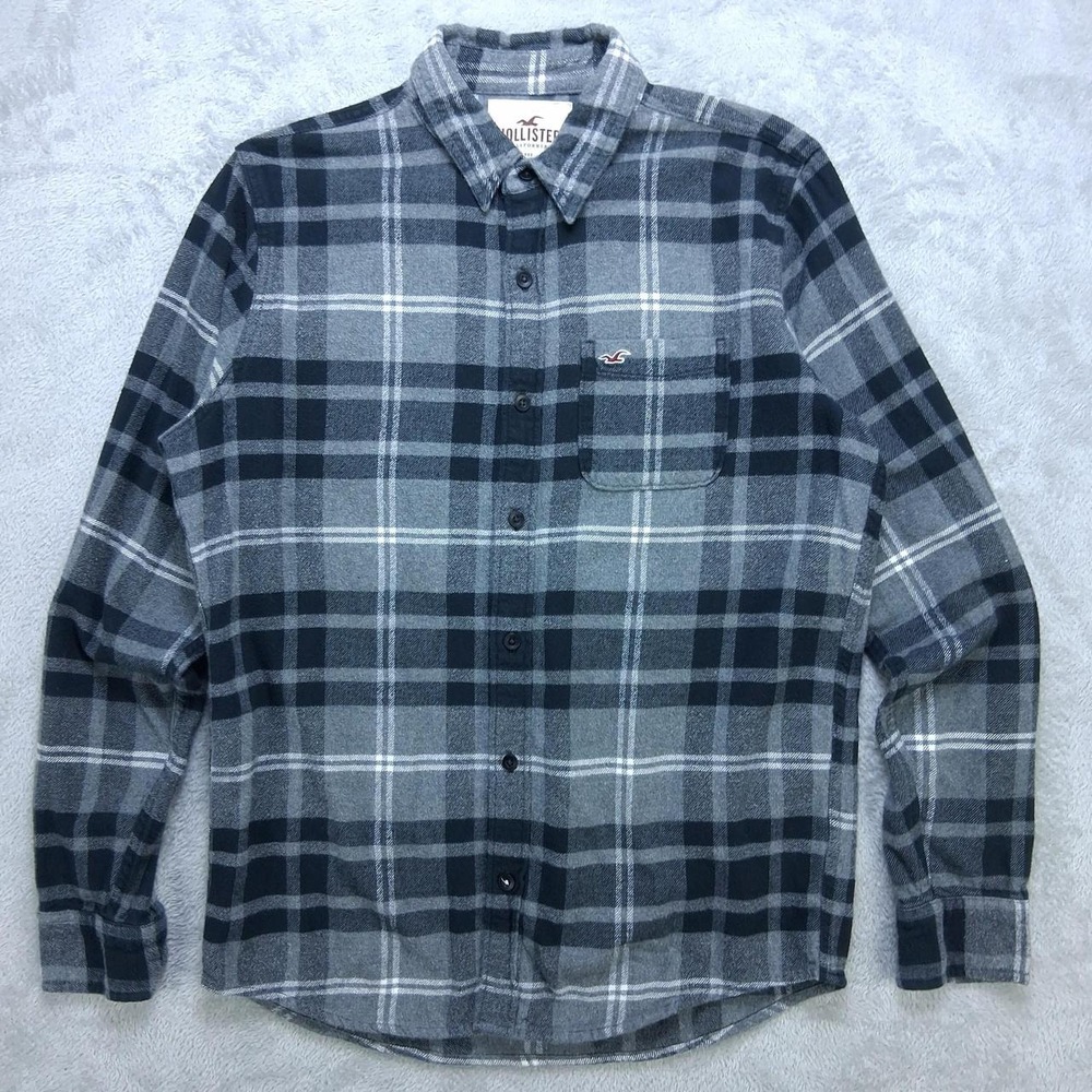 Hollister Mens Gray Black Plaid Long Sleeve Flannel Button Up Shirt Size M